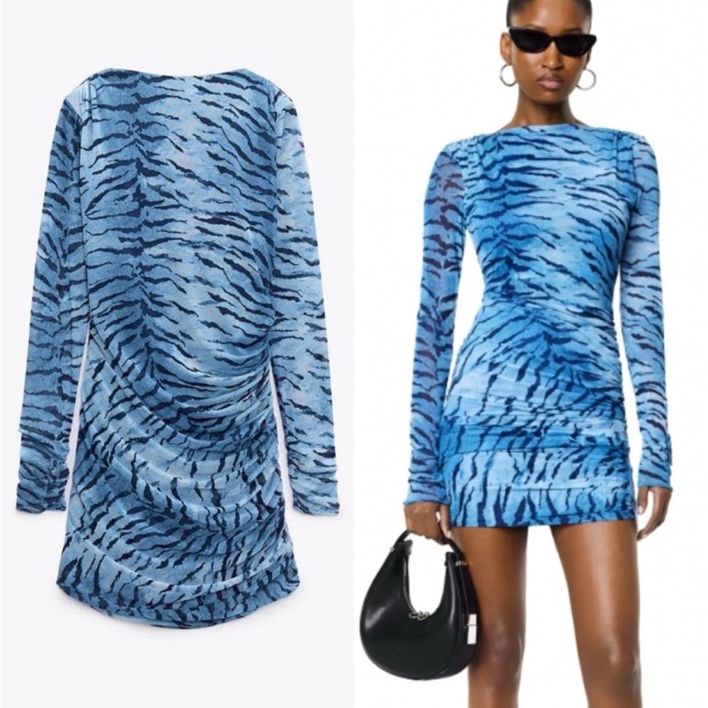 Zara Blue Animal Print Long Sleeve Dress